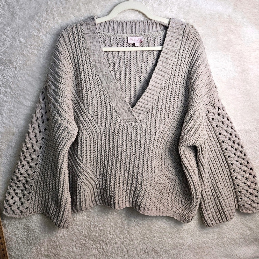 Boxy Gray Chunky‎ Bell Sleeve Sweater XL Boho Dropped Shoulders  #548